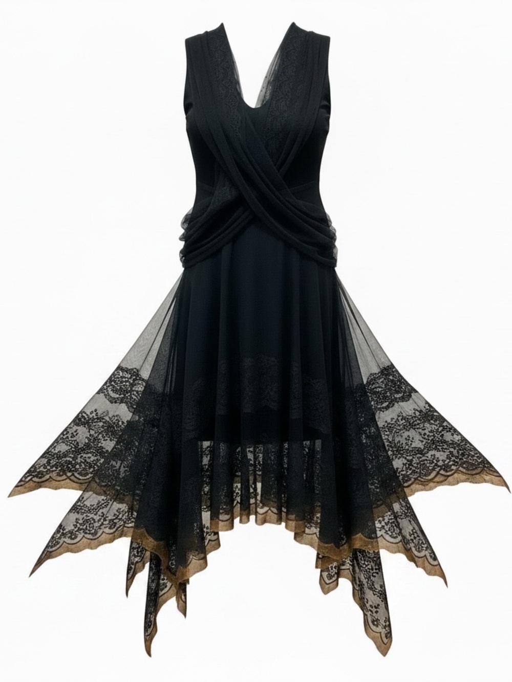 Vintage Black Lace Handkerchief Hem Dress, Made in USA